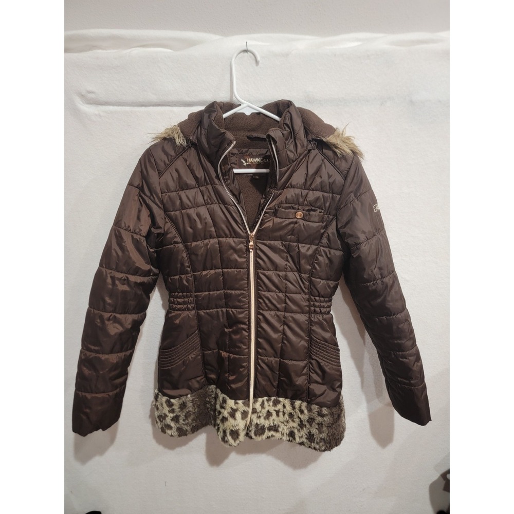 HAWKE & Co Girls Size 16 Brown Quilted Puffer Jacket Leopard Print Faux Fur Hood